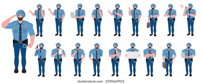 Police Officer Character Design Model Sheet. Man, Character design. Front, side, back view and explainer animation poses. Character set with lip sync and facial expressions and animation sprite.