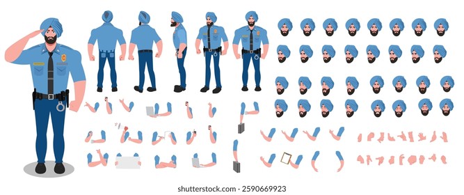 Police Officer Character Design Model Sheet. Man, Character design. Front, side, back view and explainer animation poses. Character set with lip sync and facial expressions and animation sprite.