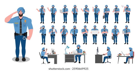 Police Officer Character Design Model Sheet. Man, Character design. Front, side, back view and explainer animation poses. Character set with lip sync and facial expressions and animation sprite.