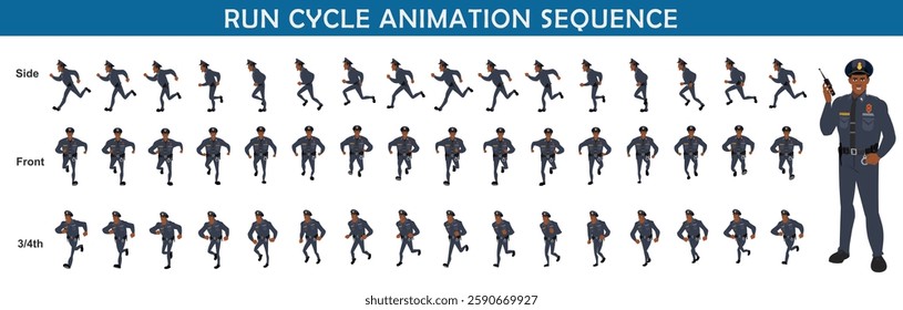 Police Officer Character Design Model Sheet. Man, Character design. Front, side, back view and explainer animation poses. Character set with lip sync and facial expressions and animation sprite.