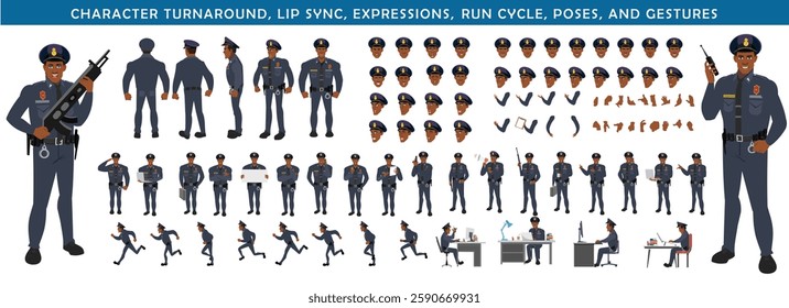 Police Officer Character Design Model Sheet. Man, Character design. Front, side, back view and explainer animation poses. Character set with lip sync and facial expressions and animation sprite.