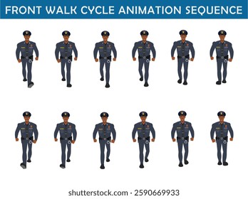 Police Officer Character Design Model Sheet. Man, Character design. Front, side, back view and explainer animation poses. Character set with lip sync and facial expressions and animation sprite.