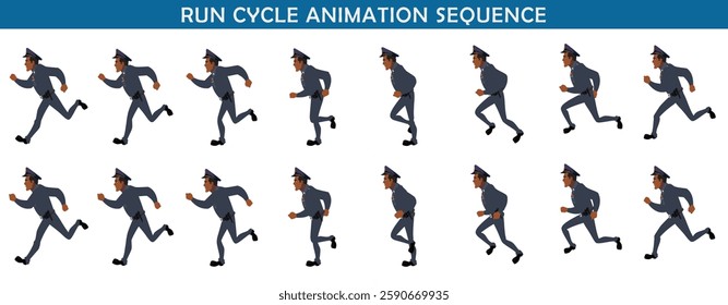 Police Officer Character Design Model Sheet. Man, Character design. Front, side, back view and explainer animation poses. Character set with lip sync and facial expressions and animation sprite.