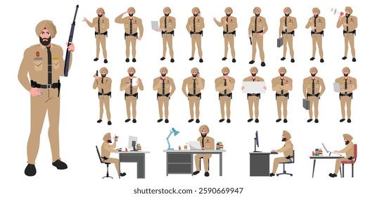 Police Officer Character Design Model Sheet. Man, Character design. Front, side, back view and explainer animation poses. Character set with lip sync and facial expressions and animation sprite.