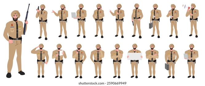 Police Officer Character Design Model Sheet. Man, Character design. Front, side, back view and explainer animation poses. Character set with lip sync and facial expressions and animation sprite.