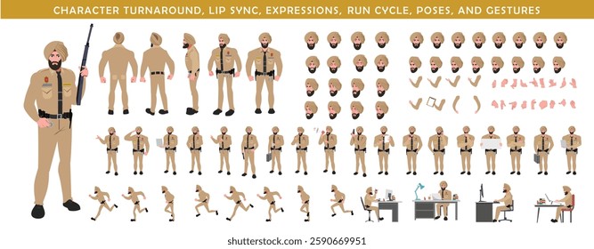 Police Officer Character Design Model Sheet. Man, Character design. Front, side, back view and explainer animation poses. Character set with lip sync and facial expressions and animation sprite.