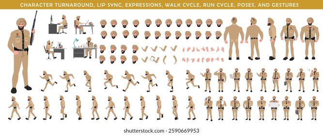 Police Officer Character Design Model Sheet. Man, Character design. Front, side, back view and explainer animation poses. Character set with lip sync and facial expressions and animation sprite.