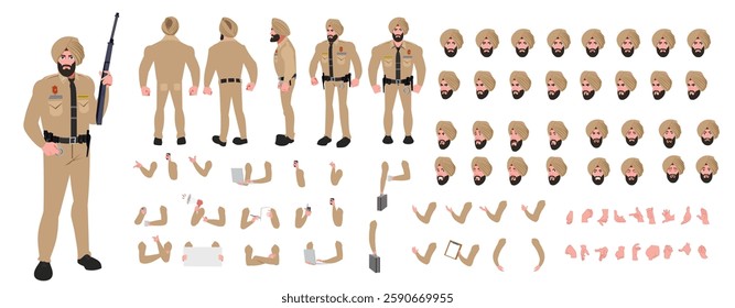 Police Officer Character Design Model Sheet. Man, Character design. Front, side, back view and explainer animation poses. Character set with lip sync and facial expressions and animation sprite.