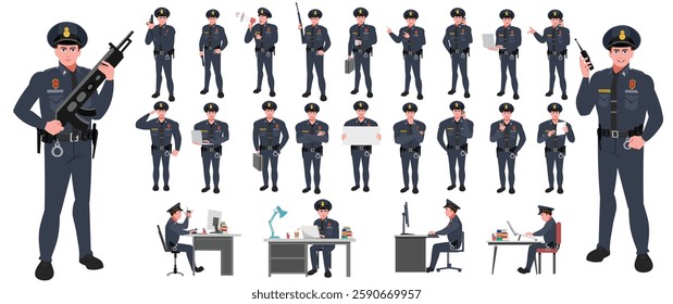 Police Officer Character Design Model Sheet. Man, Character design. Front, side, back view and explainer animation poses. Character set with lip sync and facial expressions and animation sprite.