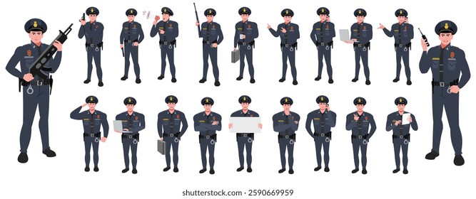 Police Officer Character Design Model Sheet. Man, Character design. Front, side, back view and explainer animation poses. Character set with lip sync and facial expressions and animation sprite.