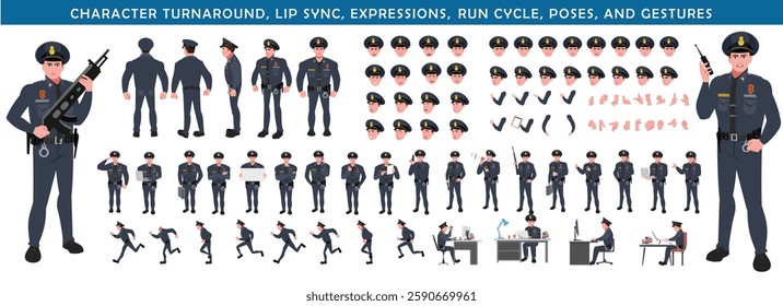 Police Officer Character Design Model Sheet. Man, Character design. Front, side, back view and explainer animation poses. Character set with lip sync and facial expressions and animation sprite.