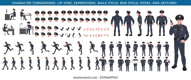 Police Officer Character Design Model Sheet. Man, Character design. Front, side, back view and explainer animation poses. Character set with lip sync and facial expressions and animation sprite.