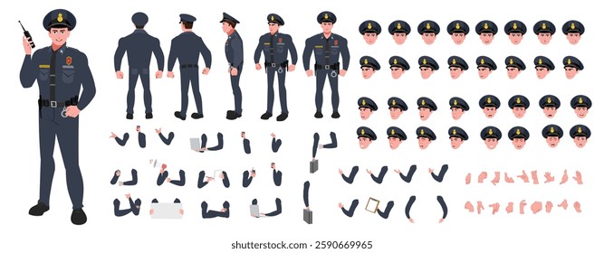 Police Officer Character Design Model Sheet. Man, Character design. Front, side, back view and explainer animation poses. Character set with lip sync and facial expressions and animation sprite.