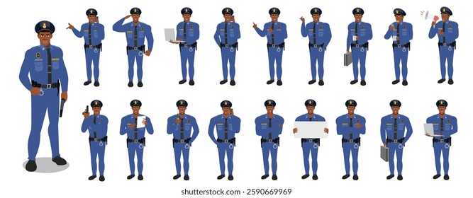 Police Officer Character Design Model Sheet. Man, Character design. Front, side, back view and explainer animation poses. Character set with lip sync and facial expressions and animation sprite.