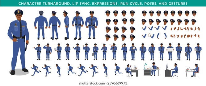 Police Officer Character Design Model Sheet. Man, Character design. Front, side, back view and explainer animation poses. Character set with lip sync and facial expressions and animation sprite.