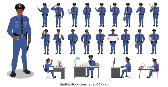 Police Officer Character Design Model Sheet. Man, Character design. Front, side, back view and explainer animation poses. Character set with lip sync and facial expressions and animation sprite.