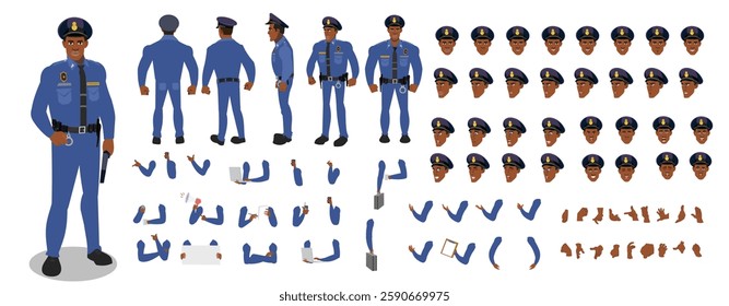 Police Officer Character Design Model Sheet. Man, Character design. Front, side, back view and explainer animation poses. Character set with lip sync and facial expressions and animation sprite.