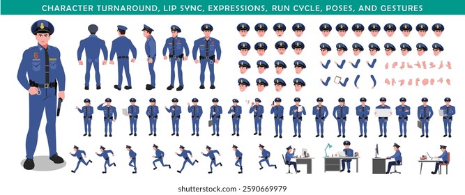 Police Officer Character Design Model Sheet. Man, Character design. Front, side, back view and explainer animation poses. Character set with lip sync and facial expressions and animation sprite.