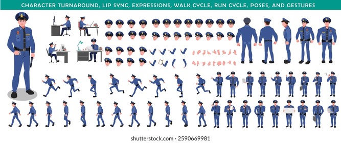 Police Officer Character Design Model Sheet. Man, Character design. Front, side, back view and explainer animation poses. Character set with lip sync and facial expressions and animation sprite.