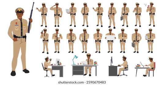 Police Officer Character Design Model Sheet. Man, Character design. Front, side, back view and explainer animation poses. Character set with lip sync and Walk cycle animation sequences.