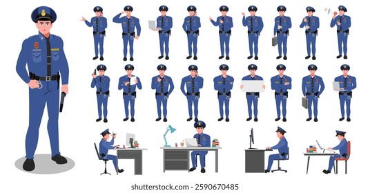 Police Officer Character Design Model Sheet. Man, Character design. Front, side, back view and explainer animation poses. Character set with lip sync and Walk cycle animation sequences.