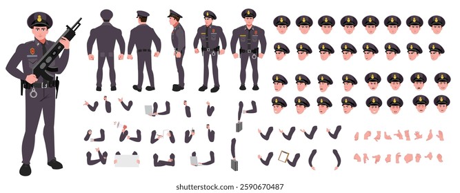 Police Officer Character Design Model Sheet. Man, Character design. Front, side, back view and explainer animation poses. Character set with lip sync and Walk cycle animation sequences.