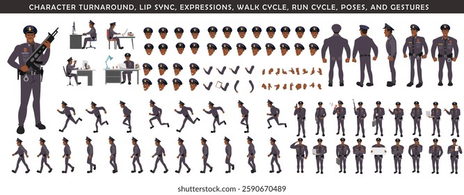 Police Officer Character Design Model Sheet. Man, Character design. Front, side, back view and explainer animation poses. Character set with lip sync and Walk cycle animation sequences.