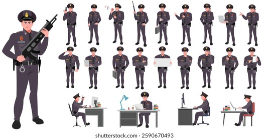 Police Officer Character Design Model Sheet. Man, Character design. Front, side, back view and explainer animation poses. Character set with lip sync and Walk cycle animation sequences.