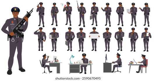 Police Officer Character Design Model Sheet. Man, Character design. Front, side, back view and explainer animation poses. Character set with lip sync and Walk cycle animation sequences.