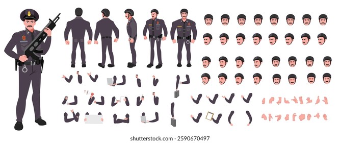 Police Officer Character Design Model Sheet. Man, Character design. Front, side, back view and explainer animation poses. Character set with lip sync and Walk cycle animation sequences.