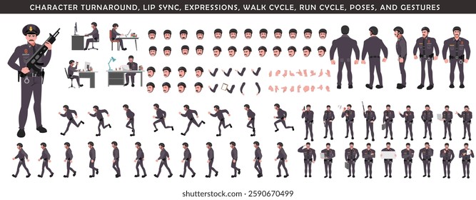 Police Officer Character Design Model Sheet. Man, Character design. Front, side, back view and explainer animation poses. Character set with lip sync and Walk cycle animation sequences.