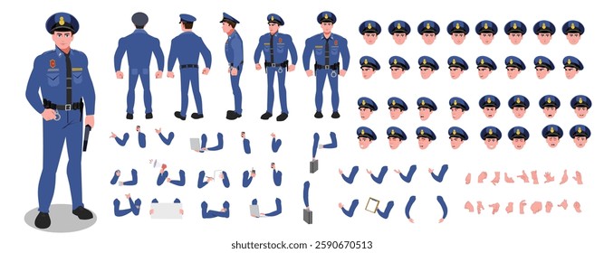 Police Officer Character Design Model Sheet. Man, Character design. Front, side, back view and explainer animation poses. Character set with lip sync and Walk cycle animation sequences.