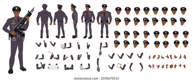 Police Officer Character Design Model Sheet. Man, Character design. Front, side, back view and explainer animation poses. Character set with lip sync and Walk cycle animation sequences.