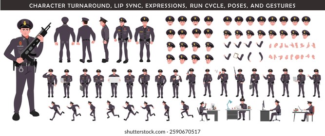 Police Officer Character Design Model Sheet. Man, Character design. Front, side, back view and explainer animation poses. Character set with lip sync and Walk cycle animation sequences.