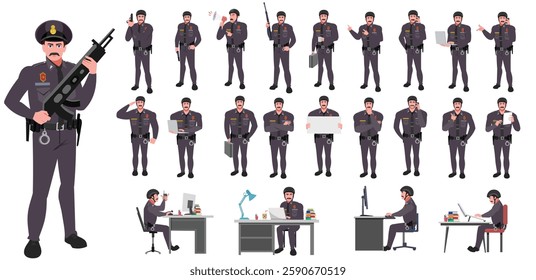 Police Officer Character Design Model Sheet. Man, Character design. Front, side, back view and explainer animation poses. Character set with lip sync and Walk cycle animation sequences.