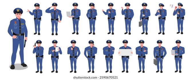 Police Officer Character Design Model Sheet. Man, Character design. Front, side, back view and explainer animation poses. Character set with lip sync and Walk cycle animation sequences.