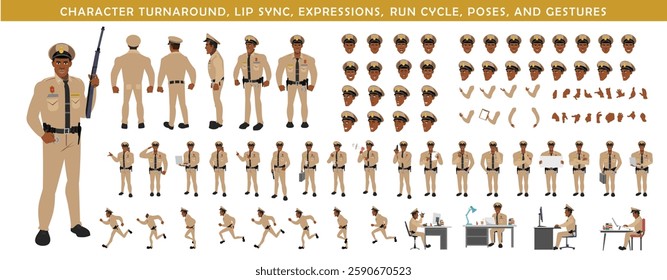 Police Officer Character Design Model Sheet. Man, Character design. Front, side, back view and explainer animation poses. Character set with lip sync and Walk cycle animation sequences.