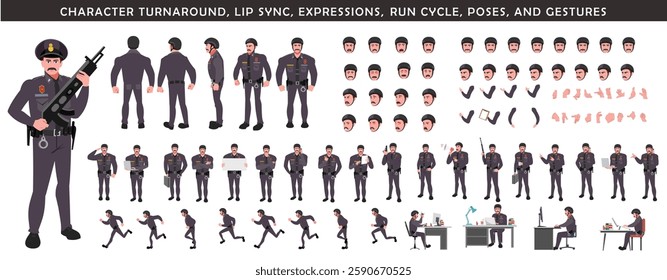 Police Officer Character Design Model Sheet. Man, Character design. Front, side, back view and explainer animation poses. Character set with lip sync and Walk cycle animation sequences.