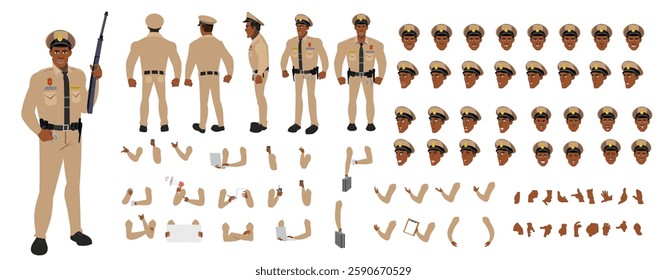 Police Officer Character Design Model Sheet. Man, Character design. Front, side, back view and explainer animation poses. Character set with lip sync and Walk cycle animation sequences.