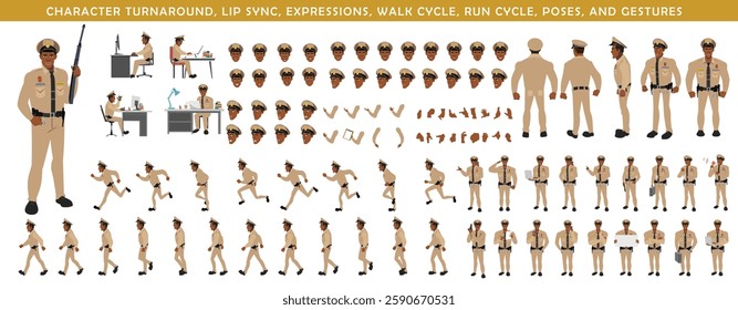 Police Officer Character Design Model Sheet. Man, Character design. Front, side, back view and explainer animation poses. Character set with lip sync and Walk cycle animation sequences.