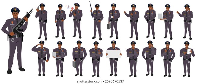 Police Officer Character Design Model Sheet. Man, Character design. Front, side, back view and explainer animation poses. Character set with lip sync and Walk cycle animation sequences.