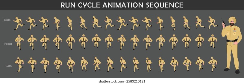 
Police Officer Character run cycle animation sequence. Front, Side, Front three fourth running  frame by frame animation sprite sheet.