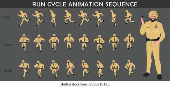 
Police Officer Character run cycle animation sequence. Front, Side, Front three fourth running  frame by frame animation sprite sheet.