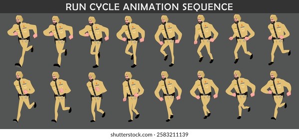 
Police Officer Character run cycle animation sequence. Front three fourth running frame by frame animation sprite sheet.