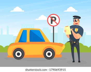 Police Officer Character Stand near Yellow Car Writing Fine, Male Traffic Inspector Safety Control Vector Illustration