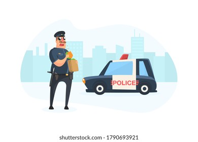 Police Officer Character Stand near Police Car and Eating Burger Vector Illustration