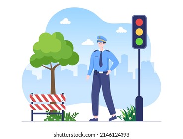 Police Officer Character Vector Illustration Using Uniform with Set Equipment in Flat Cartoon Style