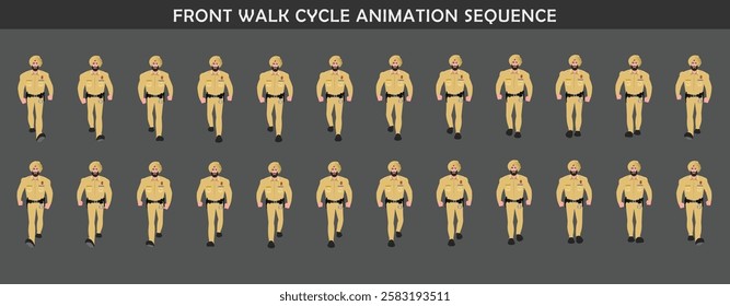 
Police Officer Character walk cycle animation sequence. Front walk frame by frame animation sprite sheet.