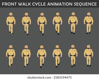 Police Officer Character walk cycle animation sequence. Front walk frame by frame animation sprite sheet.