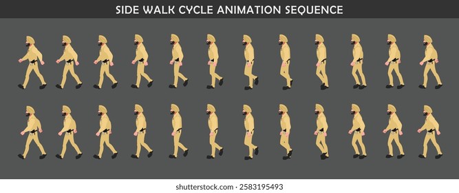 
Police Officer Character walk cycle animation sequence. Side walk frame by frame animation sprite sheet.